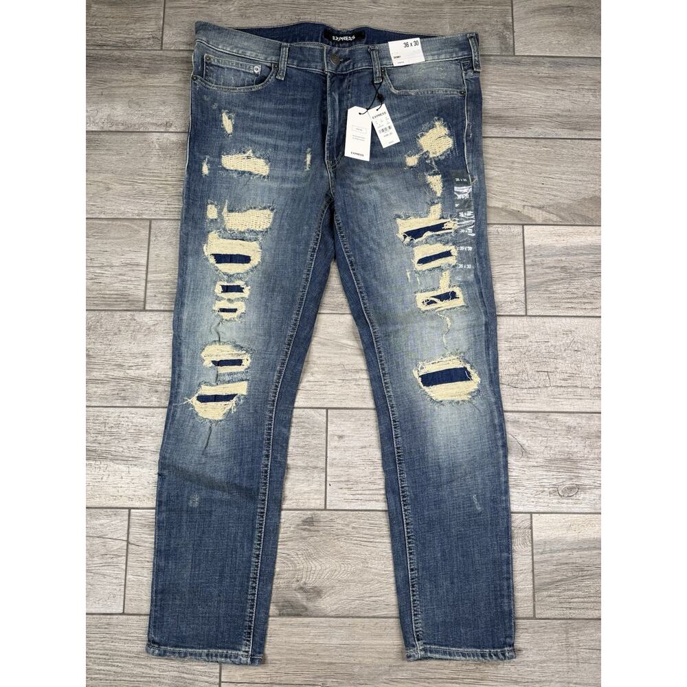 Express Jeans Mens 36x30 Blue Athletic Skinny Ripped Stretch Denim $98 MSRP NWT